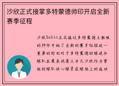 沙欣正式接掌多特蒙德帅印开启全新赛季征程