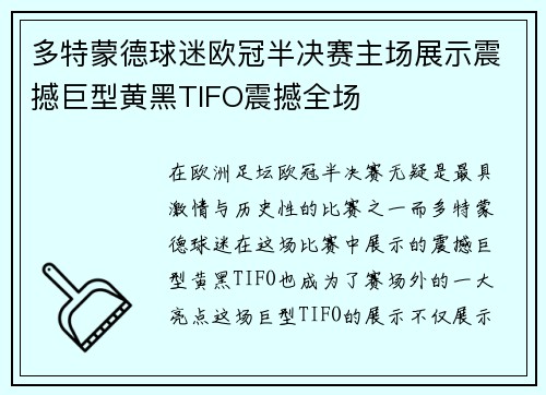 多特蒙德球迷欧冠半决赛主场展示震撼巨型黄黑TIFO震撼全场