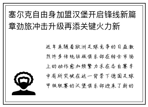 塞尔克自由身加盟汉堡开启锋线新篇章劲旅冲击升级再添关键火力新